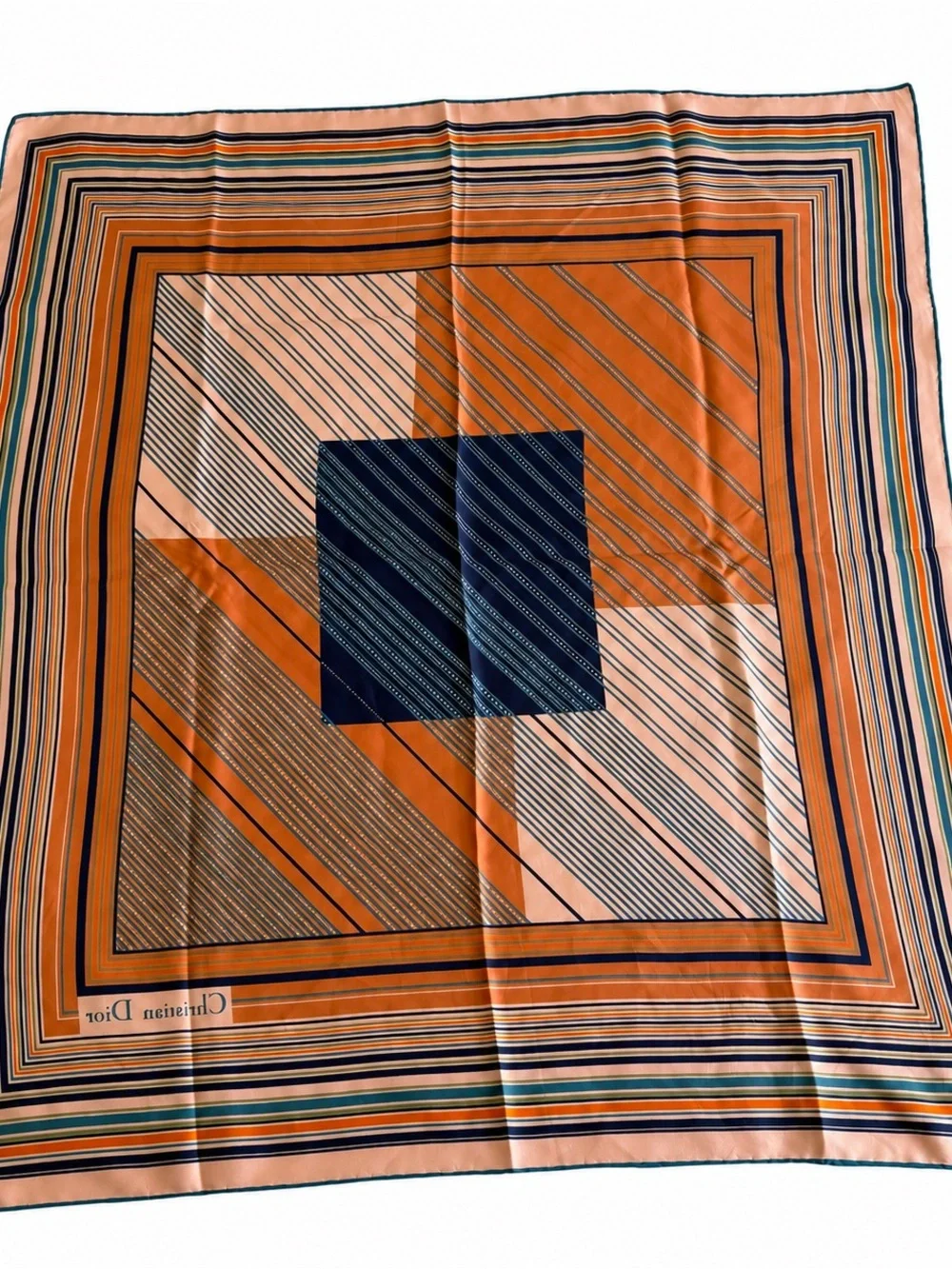 CHRISTIAN DIOR Square silk scarf orange, blue and white stripes graphic print